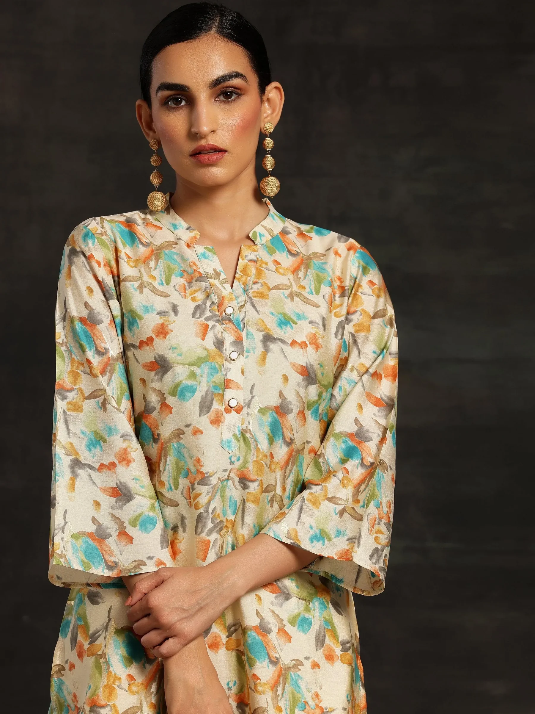 4_d457fc47-775d-453b-a326-8e89489b8e05.webp Beige Printed Silk Blend Straight Kurtis - Image 1
